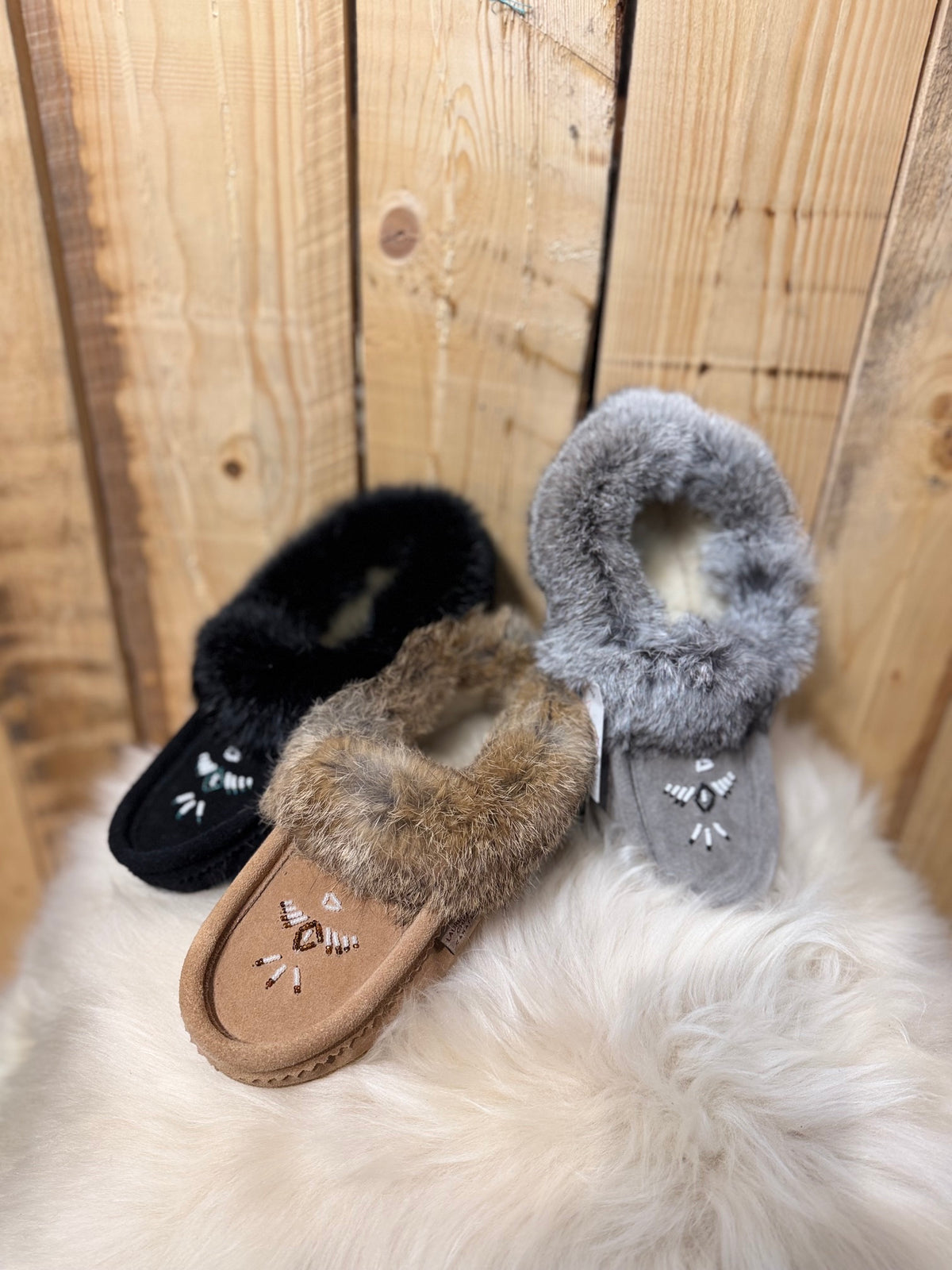 Rabbit Trim Moccasin with Wool Lining