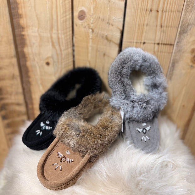 Rabbit Trim Moccasin with Wool Lining