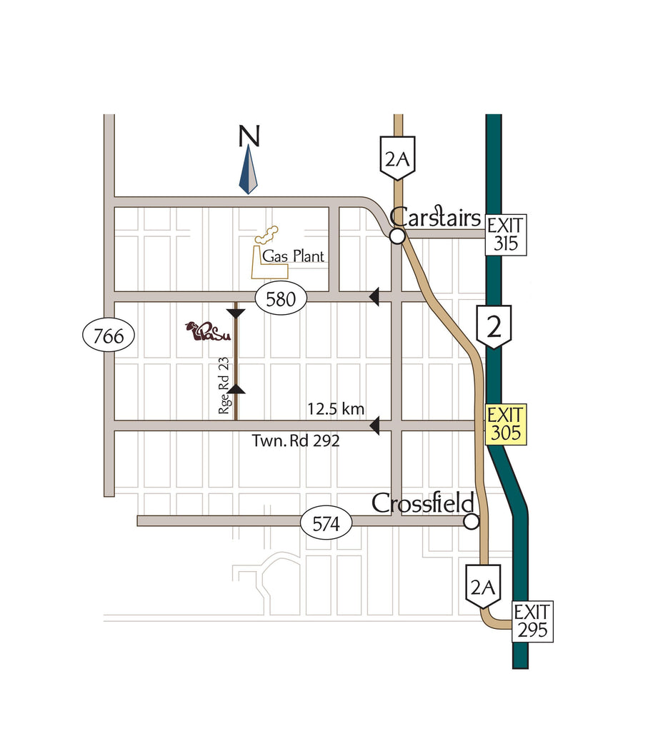 A stylized road map showing streets, exits, and labeled locations including Carstairs, Crossfield, Edmonton, Calgary, a gas plant, and Route 23. The map uses beige, gray, black, and teal lines with text labels and a north arrow.