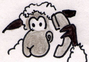 A hand-drawn cartoon sheep holding a telephone receiver to its ear, rendered in black ink and gray shading on a white textured paper background.